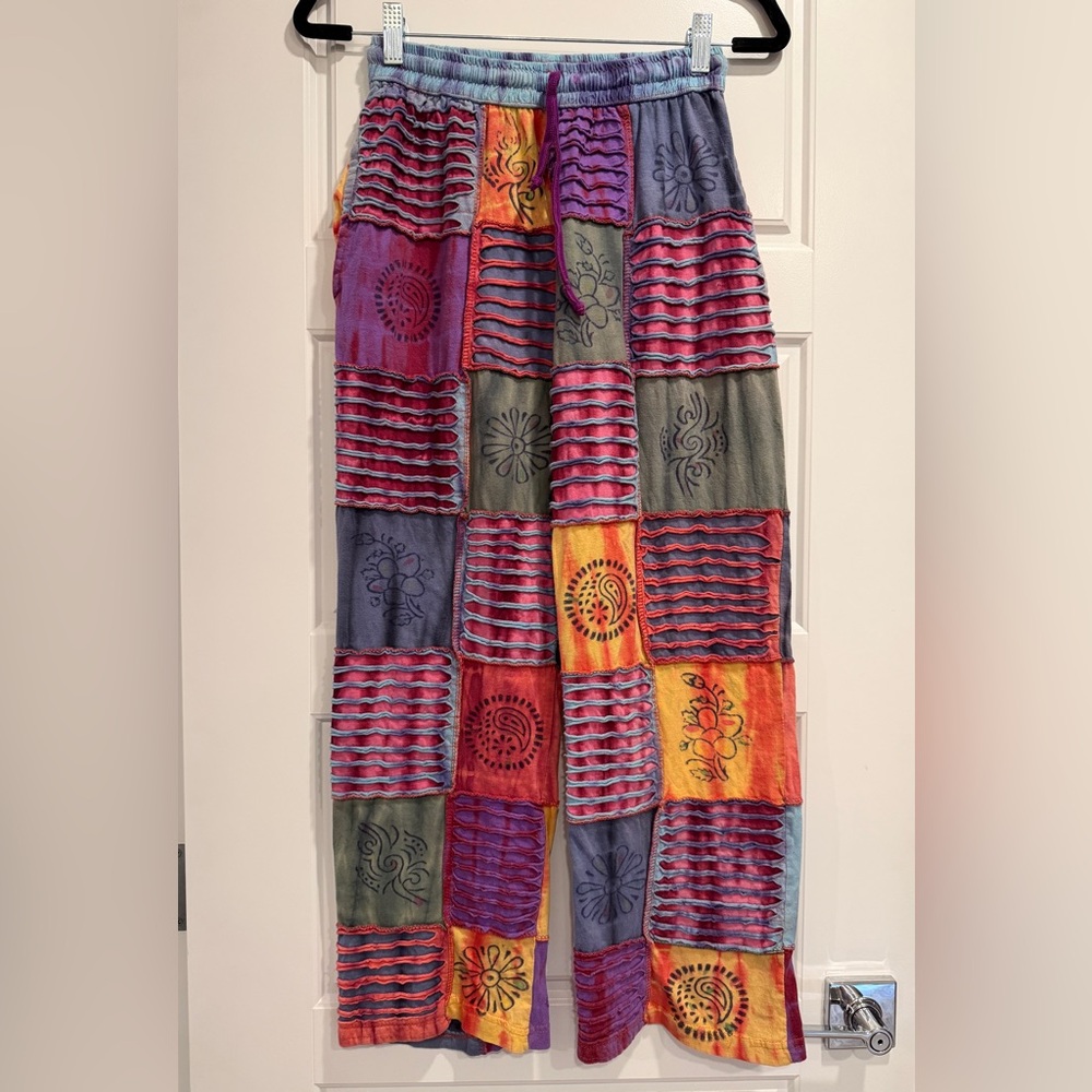 Patchwork Bohemian Hippie Festival Pants Womens Size Small Made in Nepal Boho - Picture 1 of 8